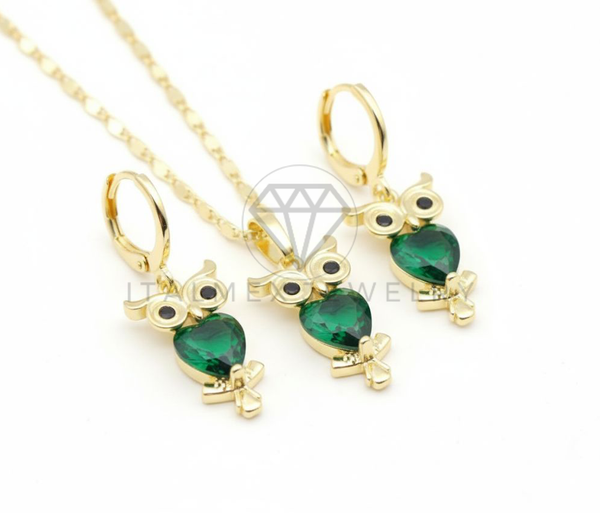 Juego de Lujo - 106660 - Juego Buho con CZ Verde y Negra - Oro Laminado 18K