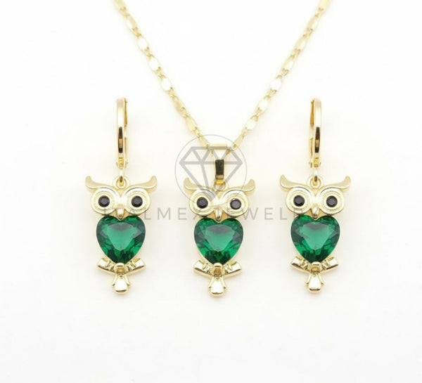 Juego de Lujo - 106660 - Juego Buho con CZ Verde y Negra - Oro Laminado 18K