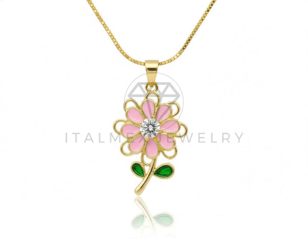 Collar Elegante - 106746 - Collar Flor Rosa CZ Clara - Oro Laminado 18K