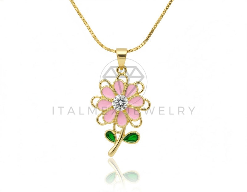Collar Elegante - 106746 - Collar Flor Rosa CZ Clara - Oro Laminado 18K