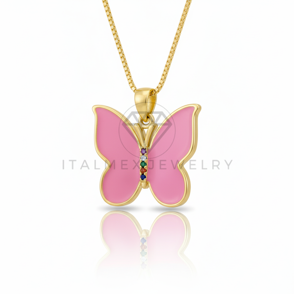 Collar Elegante - 106747 - Collar Mariposa Rosa CZ Colores - Oro Laminado 18K