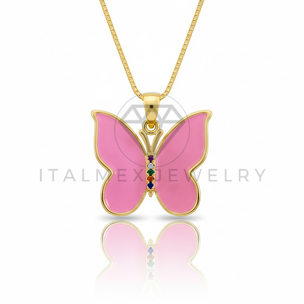 Collar Elegante - 106747 - Collar Mariposa Rosa CZ Colores - Oro Laminado 18K