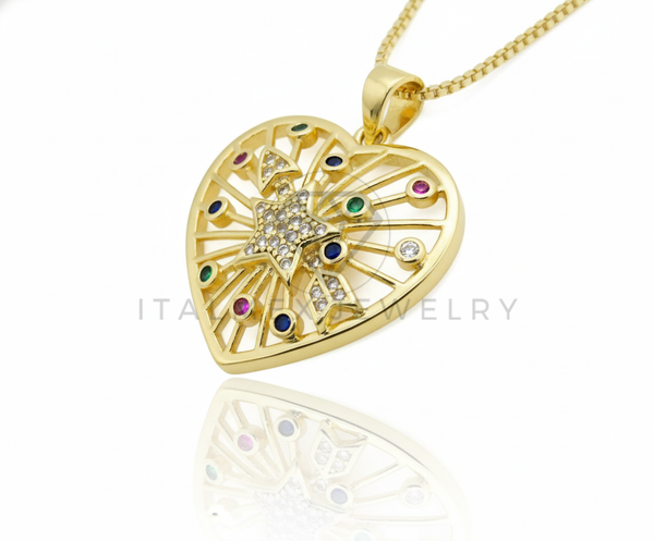 Collar Elegante - 106748 - Collar Corazon con Flecha CZ Colores - Oro Laminado 18K