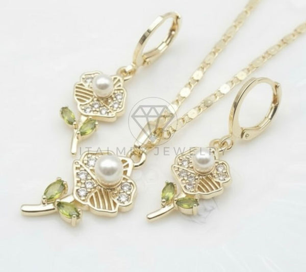 Juego de Lujo - 106662 - Juego Flor con Perla CZ Clara y Verde - Oro Laminado 18K