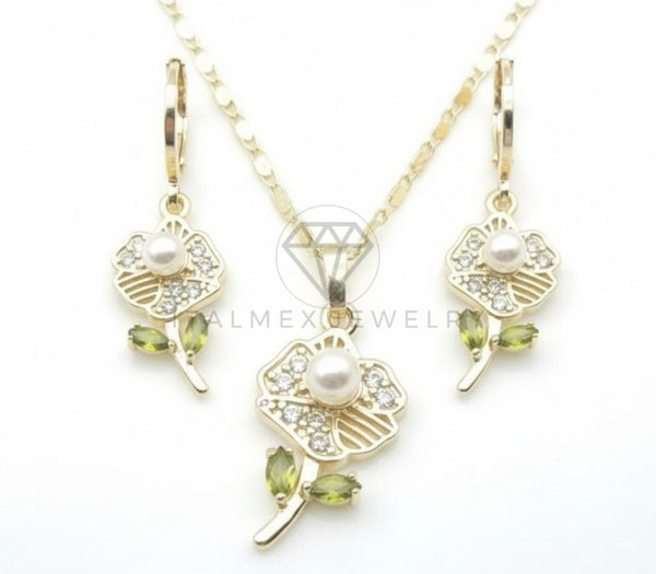 Juego de Lujo - 106662 - Juego Flor con Perla CZ Clara y Verde - Oro Laminado 18K