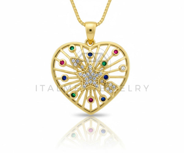 Collar Elegante - 106748 - Collar Corazon con Flecha CZ Colores - Oro Laminado 18K