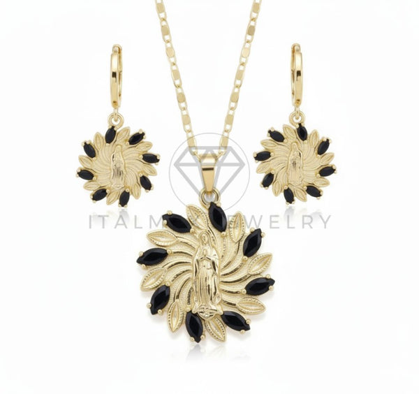 Juego de Lujo - 106664 - Juego Virgen de Guadalupe CZ Negra - Oro Laminado 18K