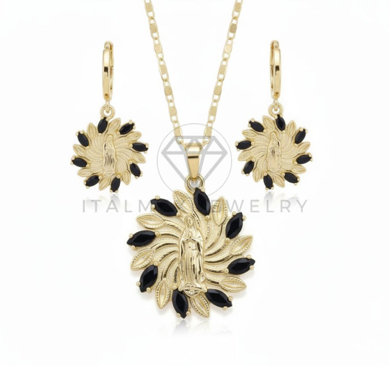 Juego de Lujo - 106664 - Juego Virgen de Guadalupe CZ Negra - Oro Laminado 18K