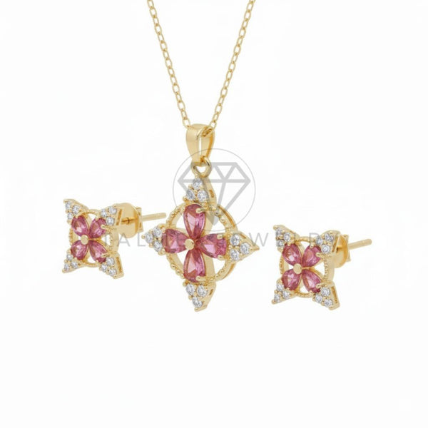 Juego de Lujo - 106665 - Juego Inspirado Monograma LV con CZ Rosa - Oro Laminado 18K