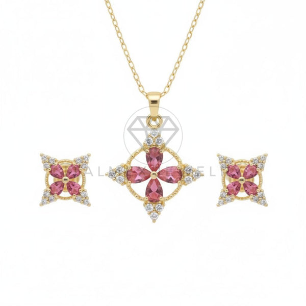 Juego de Lujo - 106665 - Juego Inspirado Monograma LV con CZ Rosa - Oro Laminado 18K