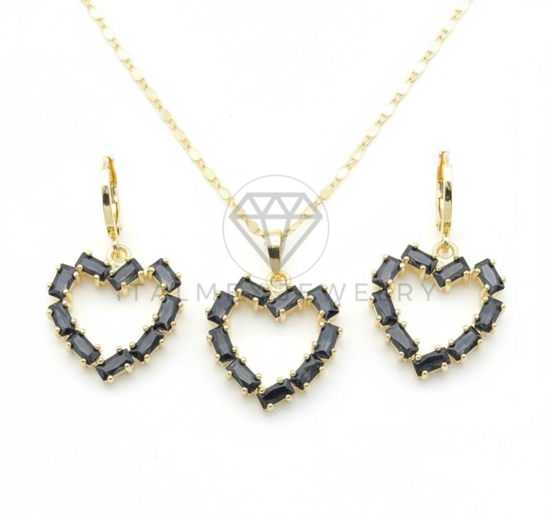 Juego de Lujo - 106667 - Juego Corazon CZ Negra - Oro Laminado 18K
