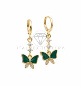 Arete de Lujo - 106672 - Huggie Mariposa Verde y CZ Clara - Oro Laminado 18K