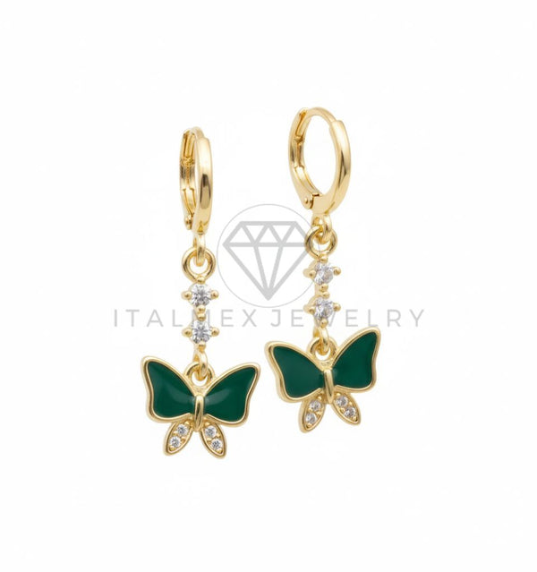 Arete de Lujo - 106672 - Huggie Mariposa Verde y CZ Clara - Oro Laminado 18K
