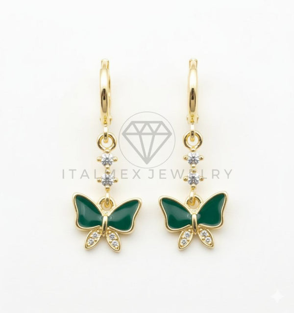 Arete de Lujo - 106672 - Huggie Mariposa Verde y CZ Clara - Oro Laminado 18K