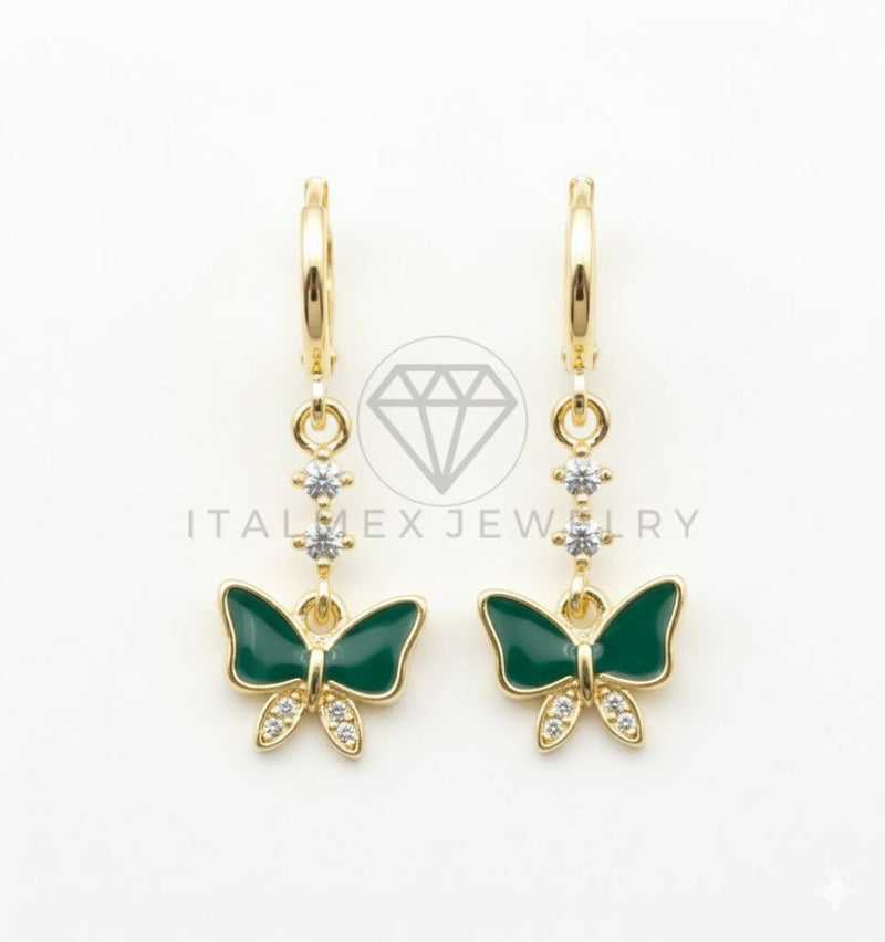 Arete de Lujo - 106672 - Huggie Mariposa Verde y CZ Clara - Oro Laminado 18K