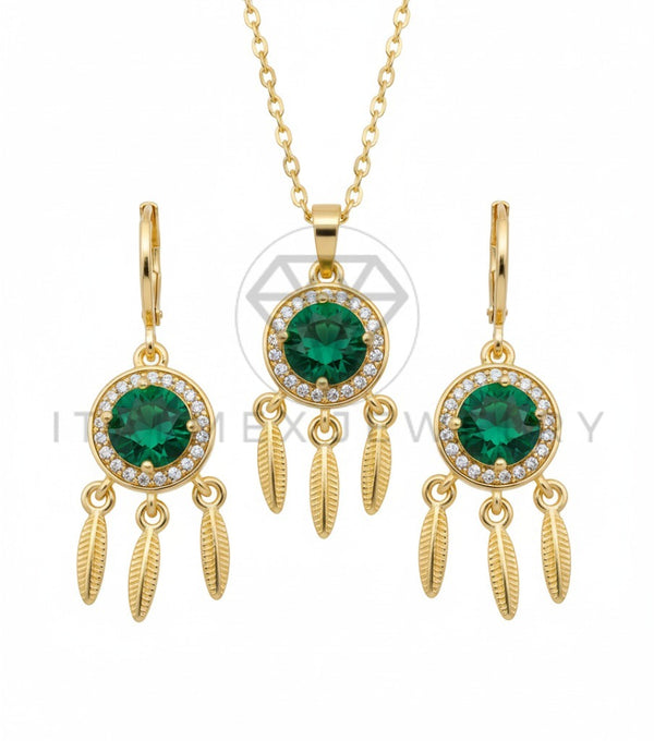 Juego de Lujo - 106675 - Juego Atrapasueños CZ Verde y Clara - Oro Laminado 18K