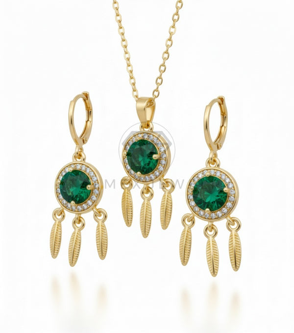 Juego de Lujo - 106675 - Juego Atrapasueños CZ Verde y Clara - Oro Laminado 18K