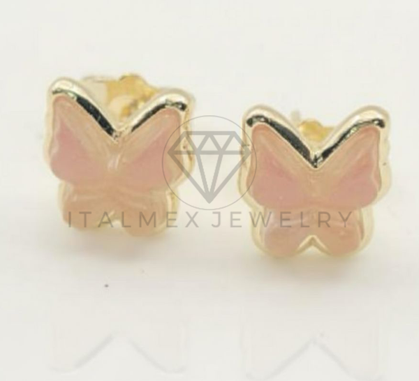 Arete de Lujo - 106679 - Broquel Mariposa Rosa - Oro Laminado 18K