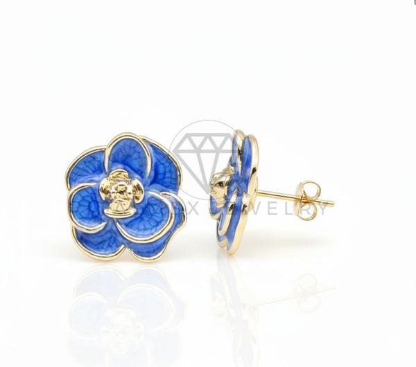 Arete de Lujo - 106690 - Broquel Flor Azul - Oro Laminado 18K