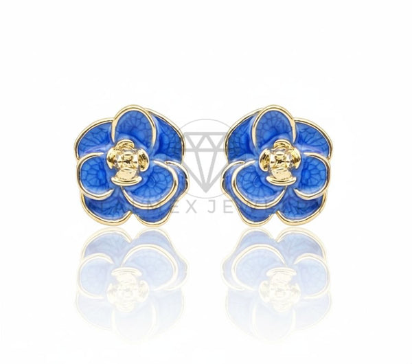 Arete de Lujo - 106690 - Broquel Flor Azul - Oro Laminado 18K