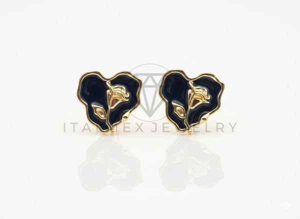 Arete de Lujo - 106692 - Broquel Corazon Negro con una Rosa - Oro Laminado 18K