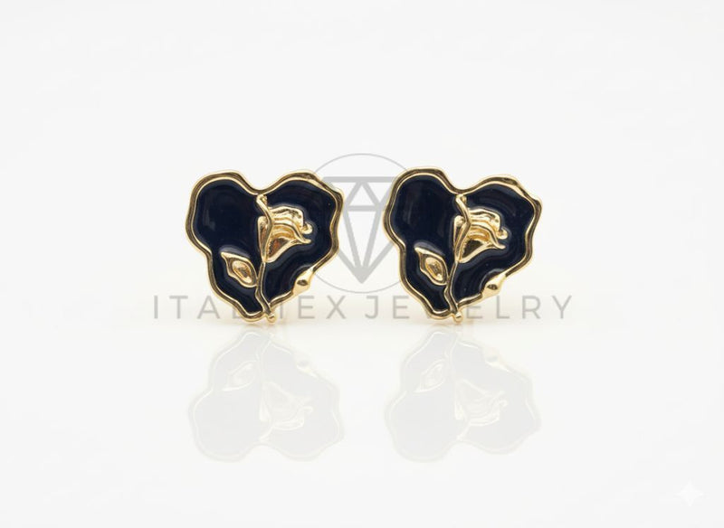 Arete de Lujo - 106692 - Broquel Corazon Negro con una Rosa - Oro Laminado 18K