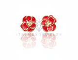 Arete de Lujo - 106697 - Broquel Flor Roja - Oro Laminado 18K