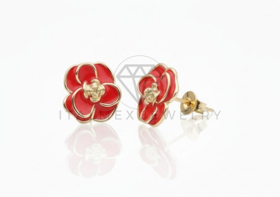 Arete de Lujo - 106697 - Broquel Flor Roja - Oro Laminado 18K