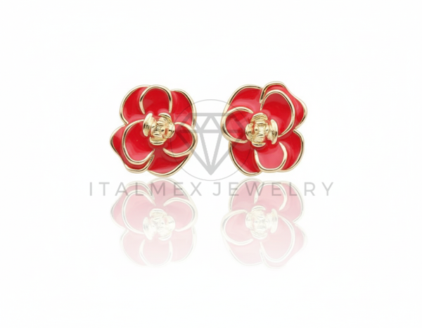 Arete de Lujo - 106697 - Broquel Flor Roja - Oro Laminado 18K