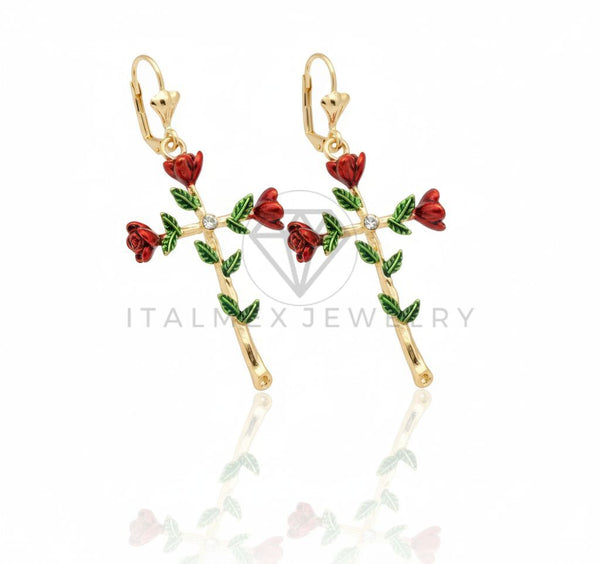 Arete de Lujo - 106704 - Arete Cruz con Rosas y CZ Clara - Oro Laminado 18K