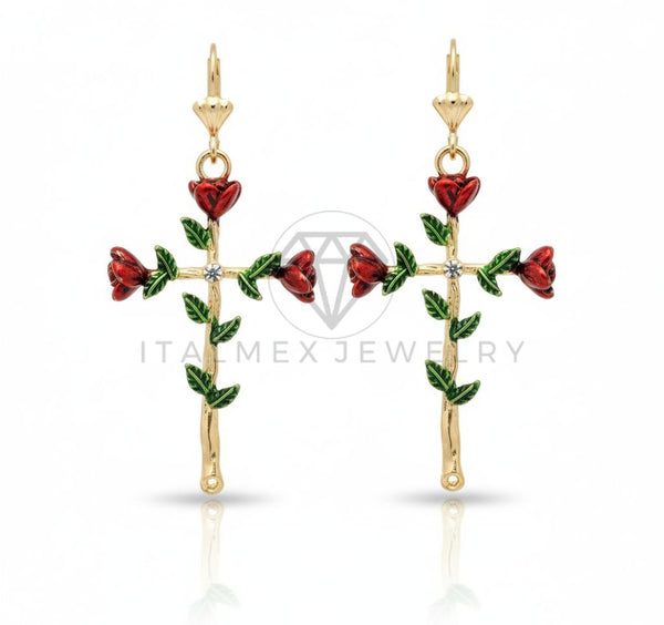 Arete de Lujo - 106704 - Arete Cruz con Rosas y CZ Clara - Oro Laminado 18K