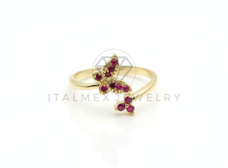 Anillo de Lujo - 106707 - Anillo Ajustable Mariposa y Flor CZ Rosa - Oro Laminado 18K