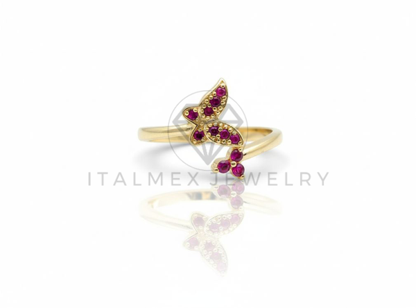 Anillo de Lujo - 106707 - Anillo Ajustable Mariposa y Flor CZ Rosa - Oro Laminado 18K