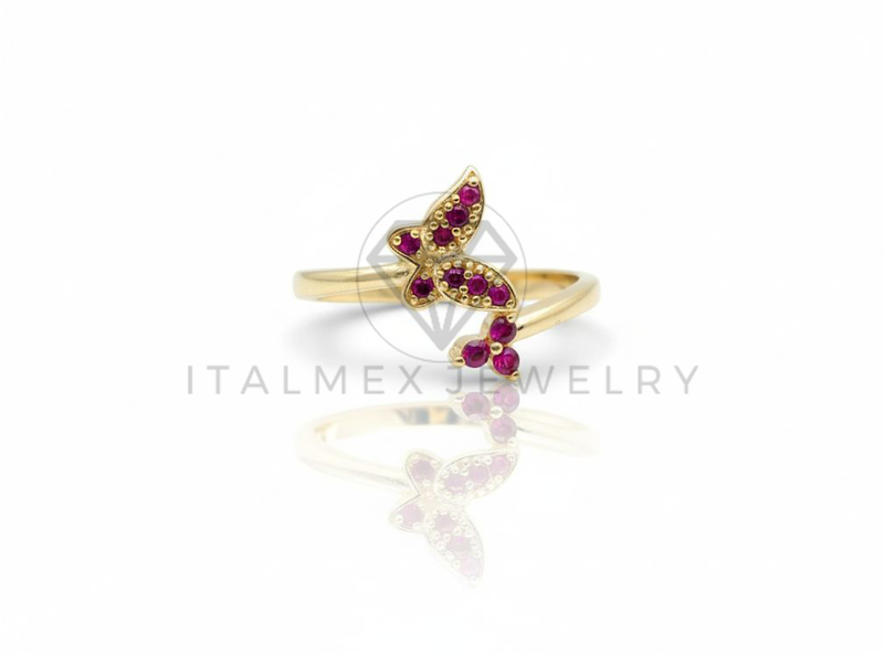 Anillo de Lujo - 106707 - Anillo Ajustable Mariposa y Flor CZ Rosa - Oro Laminado 18K