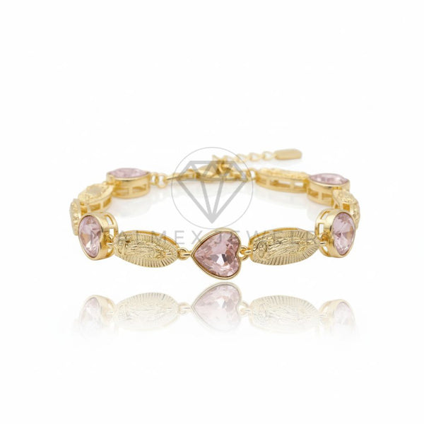 Pulsera de Lujo - 106736 - Pulsera Ajustable Virgen de Guadalupe CZ Rosa Corazones - Oro Laminado 18K