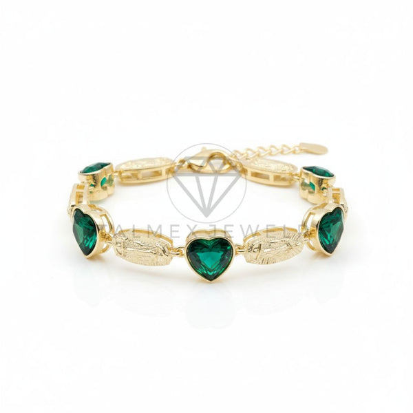 Pulsera de Lujo - 106737 - Pulsera Ajustable Virgen de Guadalupe CZ Verde Corazones - Oro Laminado 18K
