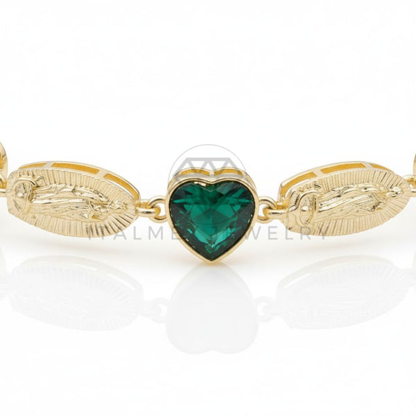 Pulsera de Lujo - 106737 - Pulsera Ajustable Virgen de Guadalupe CZ Verde Corazones - Oro Laminado 18K