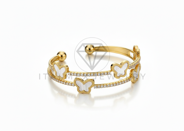 Pulsera de Lujo - 106742 - Pulsera Ajustable Mariposas Blancas CZ Clara - Oro Laminado 18K