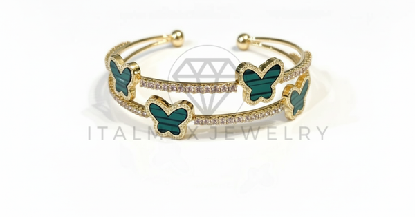 Pulsera de Lujo - 106743 - Pulsera Ajustable Mariposas Verde CZ Clara - Oro Laminado 18K