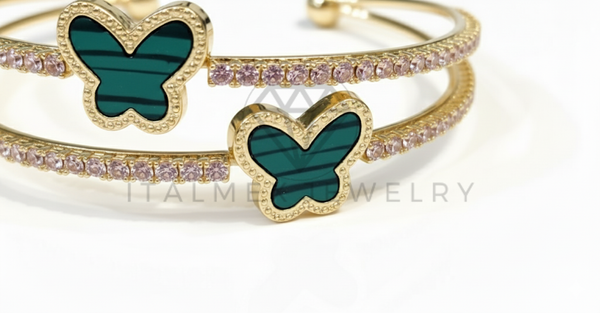 Pulsera de Lujo - 106743 - Pulsera Ajustable Mariposas Verde CZ Clara - Oro Laminado 18K