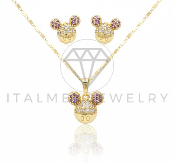Juego de Lujo - 106775 - Juego Estilo Mickey CZ Rosa y Clara - Oro Laminado 18K