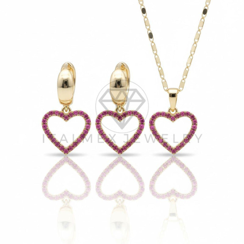 Juego de Lujo - 106776 - Juego Corazon CZ Rosa - Oro Laminado 18K