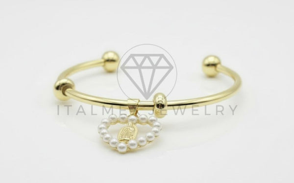 Pulsera de Lujo - 106780 - Pulsera Ajustable Corazon de Perla con Virgen de Guadalupe - Oro Laminado 18K