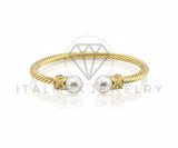 Pulsera de Lujo - 106783 - Pulsera Ajustable Trenzada con Perlas y CZ Clara - Oro Laminado 18K