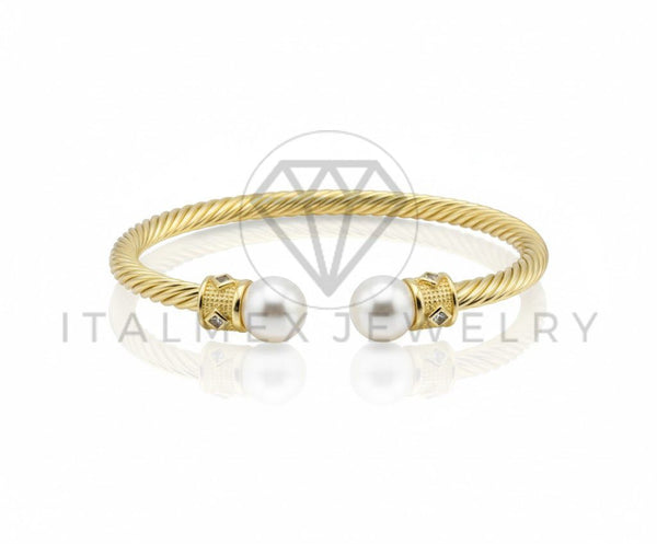 Pulsera de Lujo - 106783 - Pulsera Ajustable Trenzada con Perlas y CZ Clara - Oro Laminado 18K