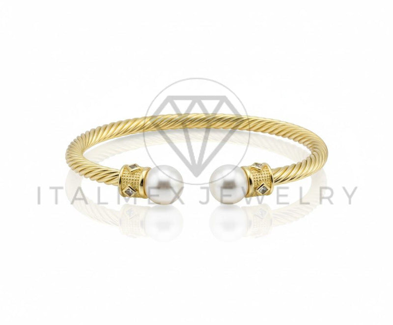 Pulsera de Lujo - 106783 - Pulsera Ajustable Trenzada con Perlas y CZ Clara - Oro Laminado 18K