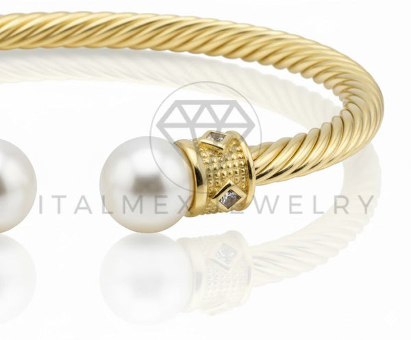 Pulsera de Lujo - 106783 - Pulsera Ajustable Trenzada con Perlas y CZ Clara - Oro Laminado 18K