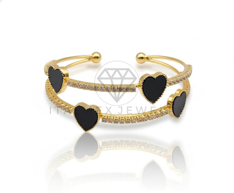 Pulsera de Lujo - 106810 - Pulsera Ajustable Corazones CZ Negra y Clara - Oro Laminado 18K