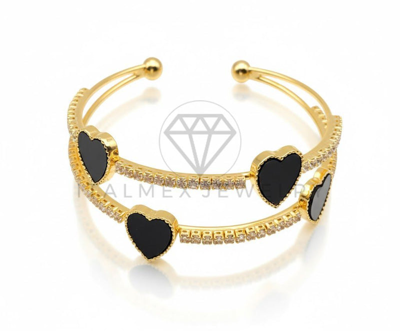 Pulsera de Lujo - 106810 - Pulsera Ajustable Corazones CZ Negra y Clara - Oro Laminado 18K