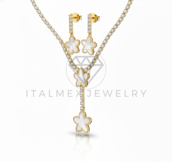 Juego de Lujo - 106811 - Juego Flor Blanca CZ Clara - Oro Laminado 18K